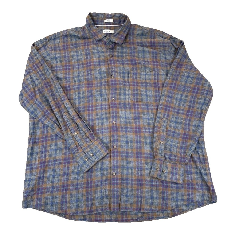 Peter Millar Flannel Shirt Mens XXL Brown Plaid Cotton Long Sleeve MF18W72CFL